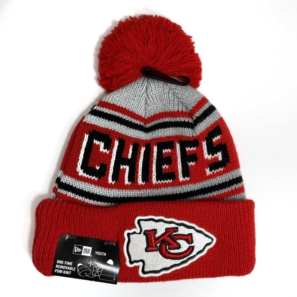 Youth New Era NFL Kansas City Chiefs Red Cuffed Knit Beanie Removable Pom NWT